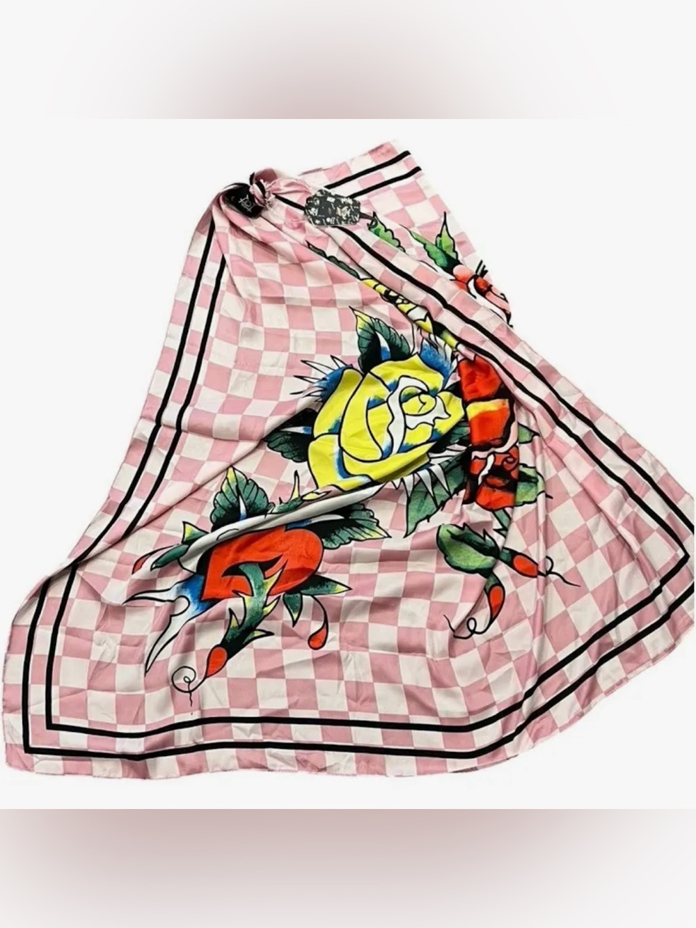Ed Hardy Pink Checkered Scarf with Red and Yellow Roses